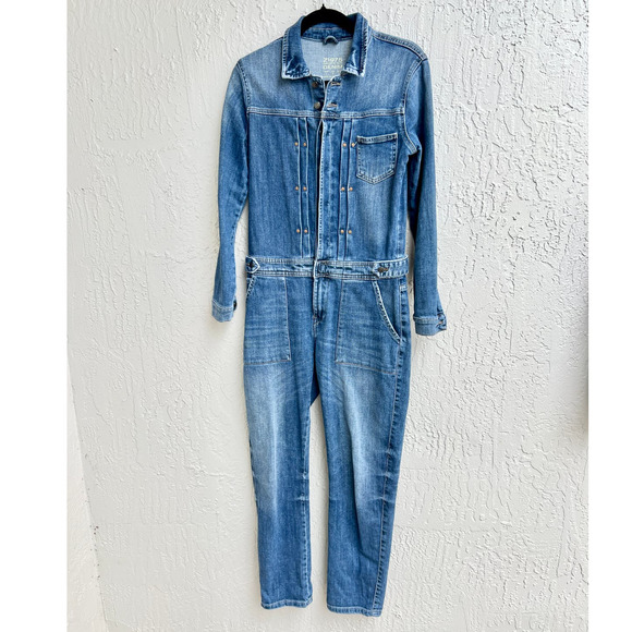 Zara Embroidered Pleated Tapered Leg Jumpsuit Denim Blue Women's Small - Picture 1 of 5